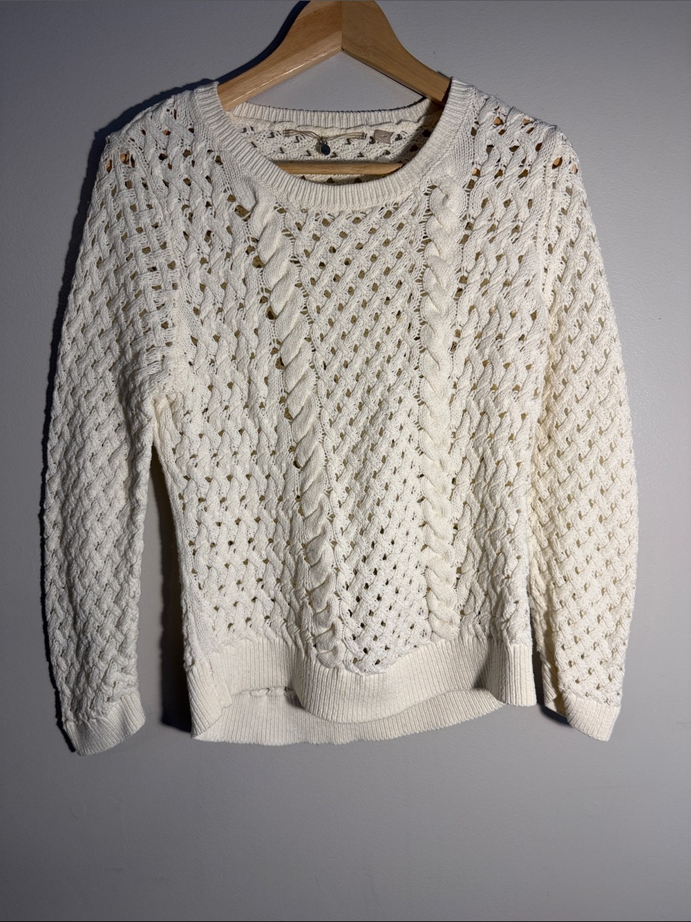 Open Knit Cream Sweater for Layering and Transitional Weather, Medium